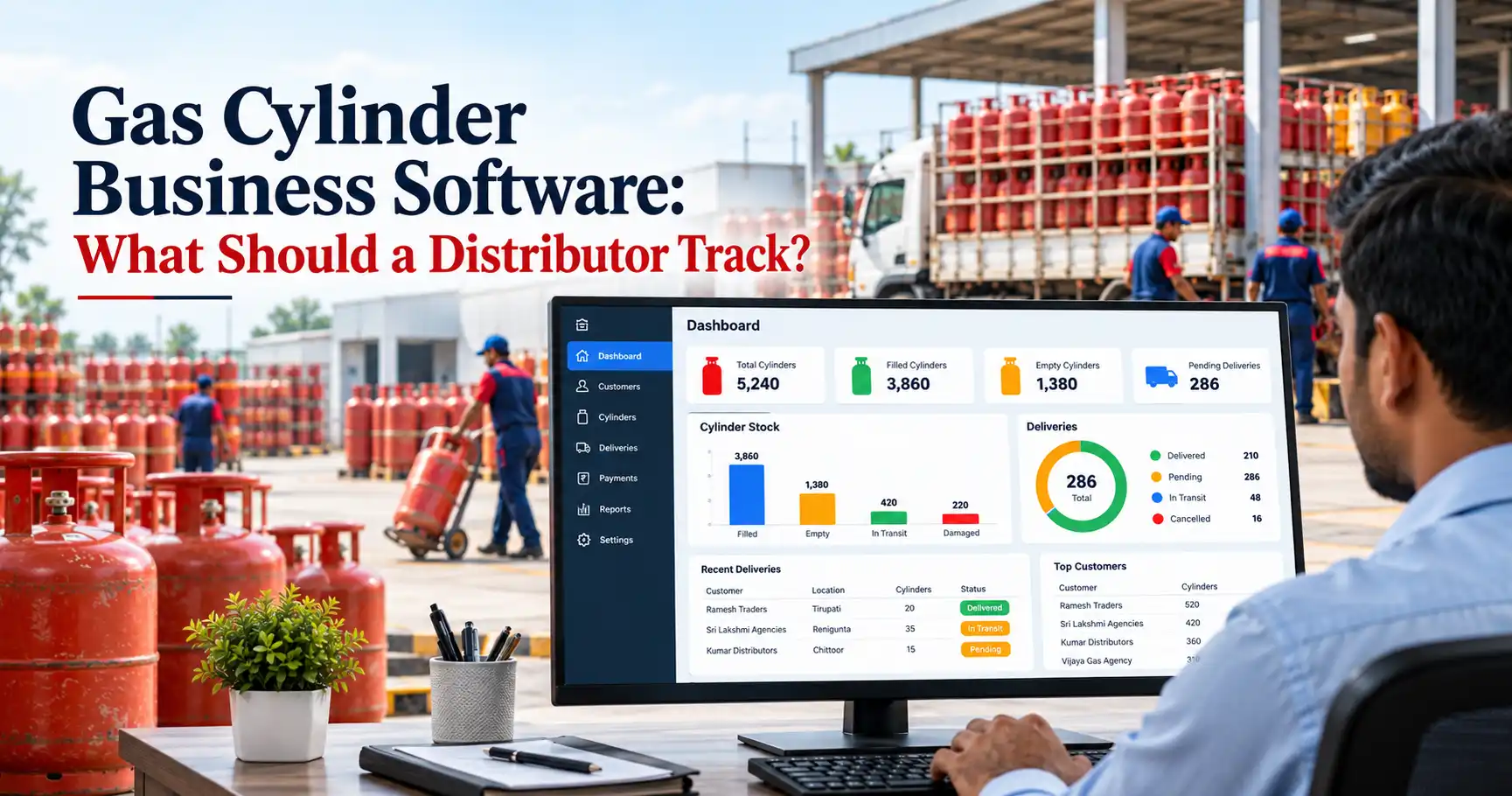 Gas cylinder business software dashboard showing LPG cylinder stock tracking, delivery management, payment monitoring, inventory reports, and distributor operations.
